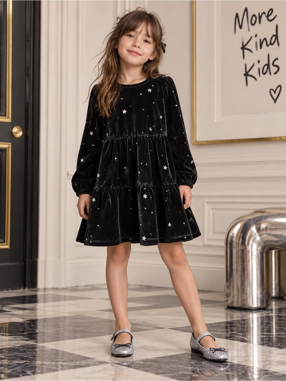 Gap Kids Girls' Black Velvet Star Tiered Dress ~ size small (6-7)